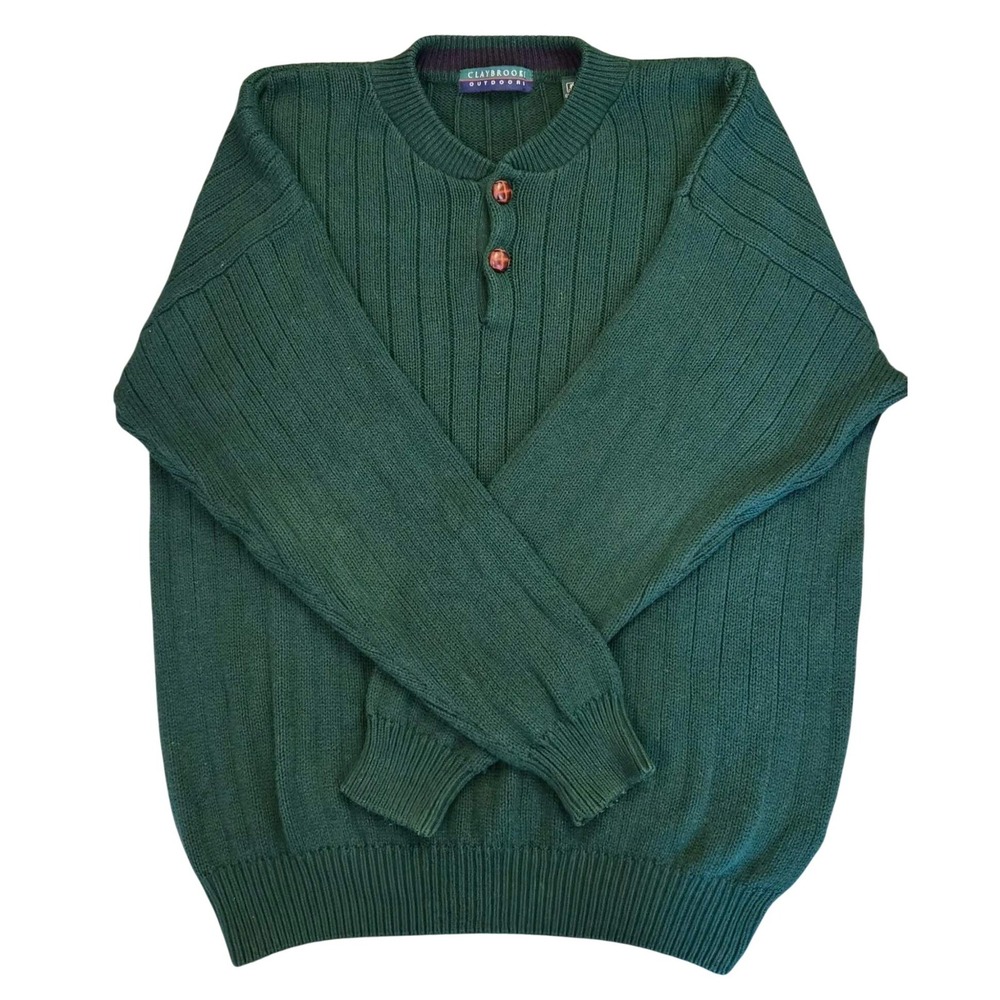 VTG 90s Claybrooke 100% Cotton Forest Green Ribbed Knit Sweater XL Grandpacore